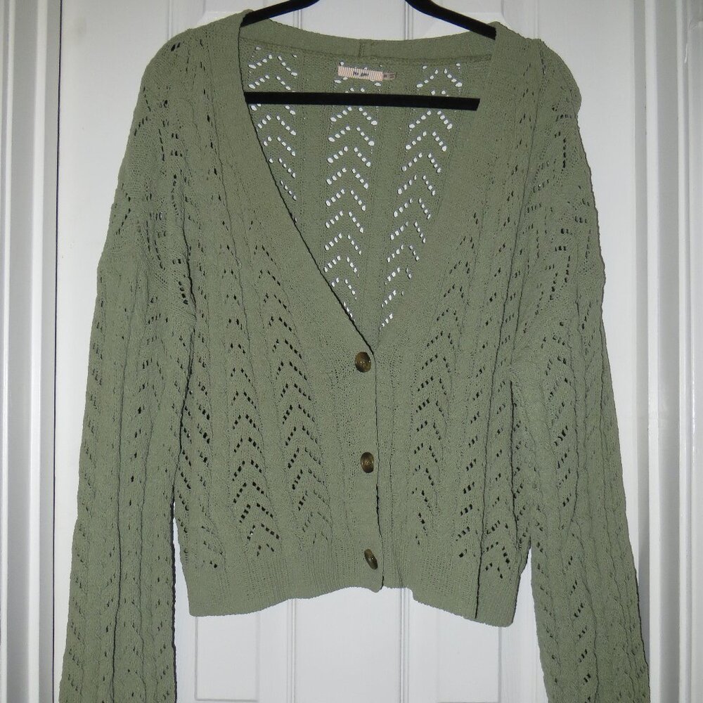 Mi Ami Olive Green Pointelle Knit Cardigan